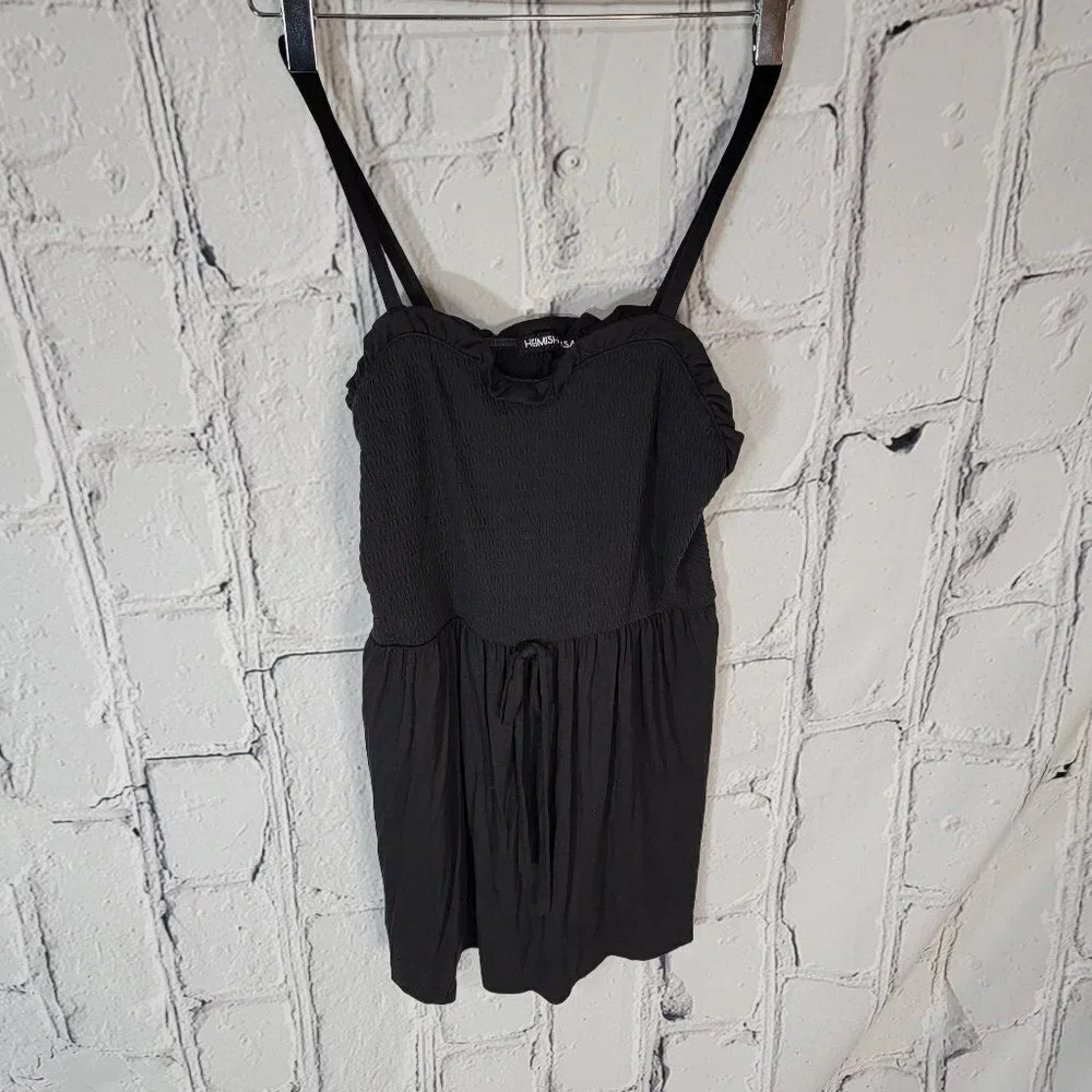 BLACK Sweetheart Stretchy Spaghetti Strap Tank Top Tie Waist Detail Casual Lg
